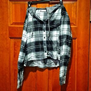 Black and white plaid button down with hood. Size Medium.